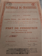 La Nationale De Chaussures S.A. - Vervier Le 24 Février 1923 - Part De Fondateur Au Porteur Sans Désignation De Valeur. - Parfum & Kosmetik