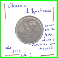 ALEMANIA - DEUTSCHLAND - GERMANY - MONEDA DE 1.00 DM ESPIGAS Y AGUILA DEL AÑO 1992 CON LAS CECA- J.- HAMBURGO DEFECTUOSA - 1 Marco