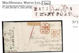 Ireland Mayo 1843 Cover Balla To EIC In London With BALLYGLASS/PENNY POST And Unframed "No.1" RH - Prefilatelia