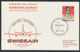 1973, Swissair, First Flight Cover, Kinshasa-Zürich - Lettres & Documents