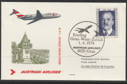 1974, Austrian Airlines, Erstflug, Graz-Zürich - Erst- U. Sonderflugbriefe