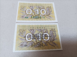 2 Billetes De Lituania De 0,10 Talonas, Numeración Verde Y Negra, Con Asterisco, Año 1991, UNC - Litauen