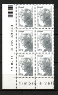 Col38 Variété Marianne Beaujard N° 4565 6 Timbres Sans Pho Dans Coin Daté Du 19/05/11 - Ungebraucht