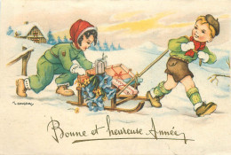 GOUGEON (illustrateur) - Bonne Et Heureuse Année, Luge Cadeaux De Noël. - Gougeon