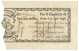 3000 LIRE REGIE FINANZE TORINO REGNO DI SARDEGNA 01/01/1746 BB+ - Other & Unclassified