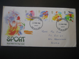 Grossbritannien 1988- Wales FDC-Brief, Mit Sonderstempel Auf Sportmarken, Gelaufen Von Cardiff Nach Feldkirchen - Wales