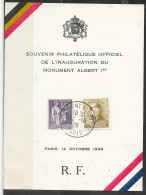 Inauguration Du Monument Albert 1er Cachet Commémoratif De Paris I2-I0 38 Timbre Français Et Belge - Cartas & Documentos