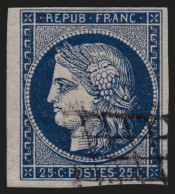 N°4a, Cérès 1850, 25c Bleu-foncé, Oblitéré Grille Noire Légère - TB - 1849-1850 Ceres