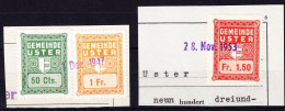 1947/1953  50 Rp, 1 Fr Und 1.50 Fr. 3 Gemeindemarken USTER Auf Kleinem Dokument Stück. - Fiscale Zegels