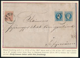 1871 1867 2 X 10kr + Kőnyomat 5kr Vegyes Bérmentesítés ötödik Súlyfokozatú Távolsági Levélen, Kiállítási Célból áthajtog - Otros & Sin Clasificación