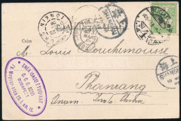 1909 Képeslap Turul 5f Bérmentesítéssel Francia Indokínába Küldve, átmenő és érkezési Bélyegzésekkel / Postcard To Frenc - Autres & Non Classés