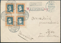 1919 Magyar Tanácsköztársasági Arcképek 45f Négyestömb Expressz Ajánlott Levélen / Mi 262 Block Of 4 On Express Register - Autres & Non Classés