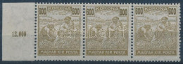 * 1924 Arató 600K ívszéli Hármascsík "800" Lemezhibával / Mi 394 Stripe Of 3 With Plate Variety "800" - Other & Unclassified