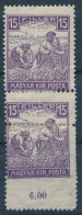 * 1916 Fehérszámú Arató 15f Pár Nagyon Látványosan Elfogazva, Hátul Falccal Megerősítve / Mi 187 Pair With Shifted Perfo - Autres & Non Classés