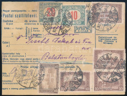 1922 Postai Szállítólevél 5 Db H.J. Perfin és 2 Db Portó Bélyeggel Budapestről Balatonboglárra / Parcel Card With 5 Perf - Autres & Non Classés