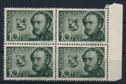 ** 1941 Széchenyi 10f Négyestömb, Benne "fehér Hasú" Holló Lemezhiba / Mi 660 Block Of 4 With Plate Variety - Autres & Non Classés