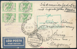 1931 Zeppelin 1. Dél-amerikai útja Levelezőlap Repülő I. 1P Négyestömb Bérmentesítéssel (1 Bélyeg Sérült), Budapestről F - Other & Unclassified