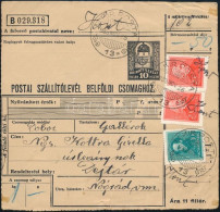 1933 50f Feladású Csomagszállító Lap "M.KIR.POSTA / 13" Bélyegzésekkel, "Hont" Kézi Ráírással, Dejtárra / Parcel Card - Autres & Non Classés