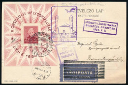 1934 LEHE Blokk Légi Levélen / Mi Block 1 On Airmail Postcard "KÍSÉRLETI LÉGIPOSTAJÁRAT BUDAPEST-DEBRECEN" + "BUDAPESTI  - Sonstige & Ohne Zuordnung