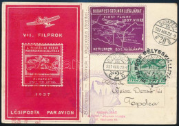 1937 Légi Levelezőlap VII. FILPROK Emlékívvel, Levélzáróval és Alkalmi Bélyegzéssel / Airmail Postcard With Label And So - Altri & Non Classificati