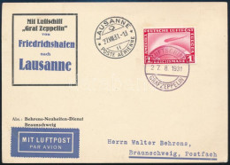 1931 Zeppelin Repülés Levelezőlap Lausannei Ledobással / Zeppelin Flight Postcard To Switzerland With 1RM Zeppelin Stamp - Other & Unclassified