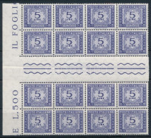 ** 1955 Portóbélyeg 5L Hajtott ívközéprészes 16-os Tömbben / Postage Due Mi 88 / Sassone 111 In Gutter Block Of 16 - Otros & Sin Clasificación