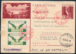 1930 Zeppelin Svájci Repülés Díjkiegészített Díjjegyes Levelezőlap Budapestre / Zeppelin Switzerland Flight Postcard To  - Andere & Zonder Classificatie