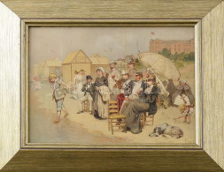 P Jelzéssel: Strandjelenet, Trouville, Franciaország, 1892. Olaj, Fatábla. Fakeretben. 20x26,5 Cm / Beach Scene, Trouvil - Otros & Sin Clasificación