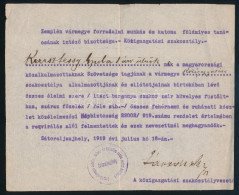 1919 Sátoraljaújhely, Zemplén Vármegye Forradalmi Munkás és Katona Földmíves Tanácsának Intéző Bizottságának Közigazgatá - Non Classés