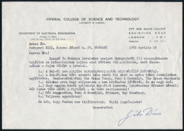 Gábor Dénes (1900-1979) Nobel-díjas Magyar Fizikus, Gépészmérnök Autográf Aláírásssal Ellátott Gépelt Levele, Melyben A  - Non Classificati