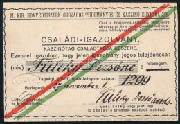 1927 M. Kir. Honvédtisztek Országos Tudományos és Kaszinó Egyesülete Fényképes Családi Igazolvány, Füleki Dezső Alezrede - Autres & Non Classés