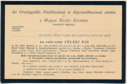 1941 Gróf Széki Teleki Pál (1879-1941) Mininszterelnök Halála Után Meghívó Földi Maradványainak Az Országház Kupolacsarn - Ohne Zuordnung