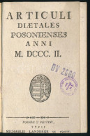 Articuli Diaetales Posoniensis Anni 1802. Posonii, 1802. Füskuti Landerer. 64p.. Fűzve, Korabeli Papírborítóban. - Sin Clasificación