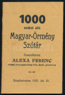 Alexa Ferenc: 1000 Szóból álló Magyar-Örmény Szótár. Összeáll.: - - Római Propagandista örm. Kath. Plébános. Erzsébetvár - Non Classés