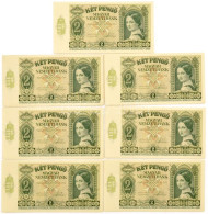 1940. 2P (7x) Sorszámkövetők "J 081 092394 - J 081 092400" T:AU Kisebb Sarokhajlások / Hungary 1940. 2 Pengő (7x) Consec - Unclassified