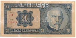 Csehszlovákia 1926. 20K "Ig 223533" "SPECIMEN" Perforációval T:AU Elszineződött Papír / Czechoslovakia 1926. 20 Korun "I - Non Classificati