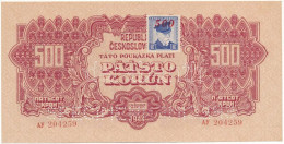 Csehszlovákia 1944. 500K "SPECIMEN" Perforációval és Masarykot ábrázoló "E" Jelzésű Bélyeggel, Rajta Vörös "500" Felülbé - Sin Clasificación