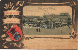 T3/T4 1902 Arad, Szabadság Tér, Piac, üzletek. Szecessziós Litho Keret Címerrel / Market Square, Shops. Art Nouveau Lith - Ohne Zuordnung