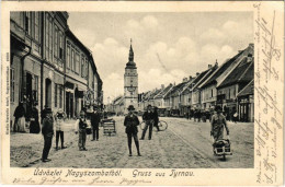 T2/T3 1904 Nagyszombat, Tyrnau, Trnava; Rákóczi Ferenc Utca, Templom, üzletek. Horovitz Adolf Kiadása / Street, Church,  - Zonder Classificatie