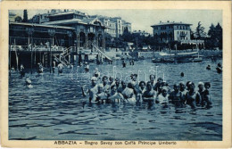 T2/T3 Abbazia, Opatija; Bagno Savoy Con Caffé Principe Umberto / Strand, Fürdőzők Csoportja, Kávéház / Beach, Bathers, C - Non Classificati