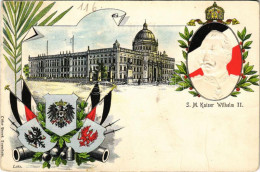 T3/T4 1900 Berlin, Königliches Schloss, S.M. Kaiser Wilhelm II / Castle. Art Nouveau, Embossed, Litho With Flags And Coa - Zonder Classificatie