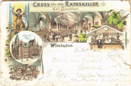 T3 1896 (Vorläufer) Wiesbaden, Gruss Aus Dem Rathskeller Karl Bausenhart, Rathhaus, In Vino Veritas / Town Hall, Restaur - Unclassified