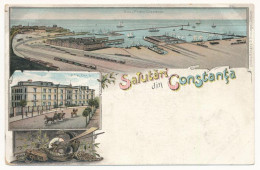 * T3 Constanta, Noul Portu Constanta, Hotel Carol / New Port, Railway Station, Train, Hotel. Art Nouveau, Floral, Litho  - Non Classés