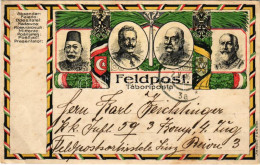 T3 1916 Első Világháborús Tábori Postai Levelezőlap A Központi Hatalmak Uralkodóival: V. Mehmed, I. Ferdinánd, II. Vilmo - Non Classés