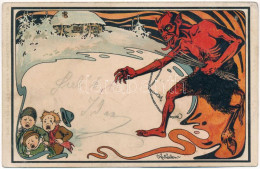 * T3/T4 Krampusz / Krampus. G. Rüger & Co. Wien V/I. 1900. No. 51. Art Nouveau Litho S: Karl Elleder (lyukak / Pinholes) - Non Classificati