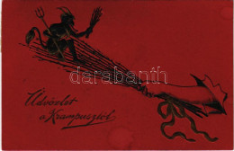 T2/T3 1914 Üdvözlet A Krampusztól! / Greetings From The Krampus With Birch. Emb. Litho (fl) - Unclassified