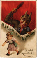 * T3 1926 Üdvözlet A Krampusztól! / Krampus With Girl, Birch And Chains (ázott Sarkak / Wet Corners) - Non Classificati