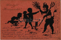 T2/T3 1922 Üdvözlet A Krampusztól! / Krampus With Birch And Children, Silhouette (EK) - Non Classés