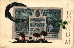 T2/T3 1905 Ötven Korona Magyar Bankjegy. Szecessziós Montázs újévi Motívumokkal / Hungarian Banknote Montage With Mushro - Sin Clasificación