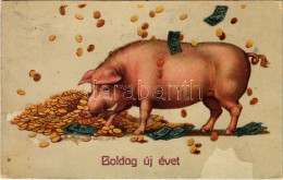 T3 1917 Boldog új évet! Malac Pénzesőben / New Year Greeting, Pig In Money Rain. Litho (fl) - Ohne Zuordnung